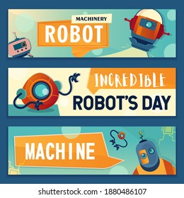 Robotic characters banners set. Robots, cyborgs, electronic assistants vector illustrations with text. Robotics and machinery concept for flyers and brochures design