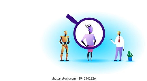 robotic characters with magnifying zoom choosing candidate for job position recruitment human resources artificial intelligence concept horizontal full length
