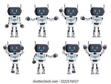 Robotic characters vector set design. Robot characters in standing pose and waving gesture isolated in white background for ai cartoon collection. Vector illustration.
