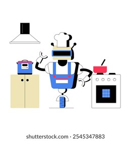 Roboter-Koch in der Küche mit Kochutensilien, flache Vektorgrafik als Symbol für Automatisierung, kulinarische Technik und zukünftige Küche, einzeln auf weißem Hintergrund.