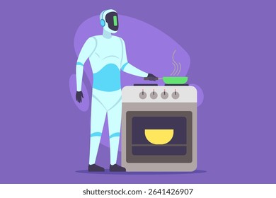 Robotic chef standing by stove, stirring frying pan on top of burner against vibrant purple background. Robots and culinary activity concept