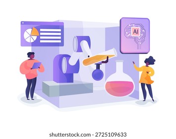 Assistente de ensino de química robótica conceito abstrato ilustração vetorial. Robô de laboratório lida com reagentes e demonstra mistura química segura para laboratórios de ensino.