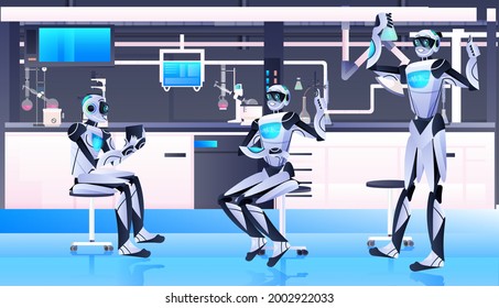 químicos robóticos haciendo experimentos químicos en el concepto de inteligencia artificial de ingeniería genética de laboratorio