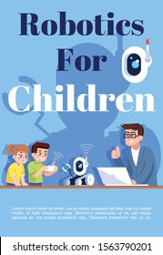 Robotic for children brochure template. Flyer, booklet, leaflet concept with flat illustrations. Vector page cartoon layout for magazine. Programming robots club advertising invitation with text space