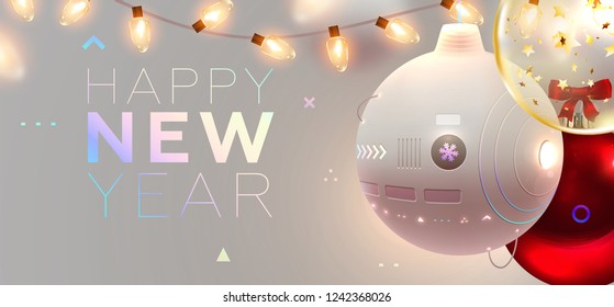 Robotic Christmas ball. Symbol of 2019 New Year of innovations, science and high technologies. Holiday cover with Xmas lights for poster, banner, placard and brochure. Eps10 vector illustration