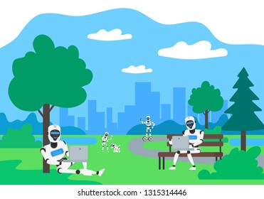 robotic city .robots humanoid with gadgets in the park