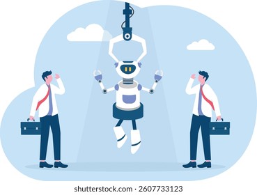 Robotic claw choosing robot with artificial intelligence from a group of business people. Business technology, job competition and recruitment concept.

