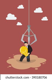 Robotic claw clutching a businessman who has an idea from a quicksand. Business idea concept