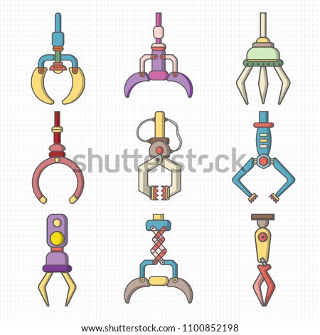Robotic Claw cute flat line icon set on gray grid and white background. Grip robotic claw in factory. Cartoon concept colorful Vector illustration of the claw game device. filled line.