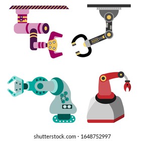Robotic Claw and machine control on a white background. Grip robotic claw in factory. Cartoon concept colorful Vector illustration of the claw game device.