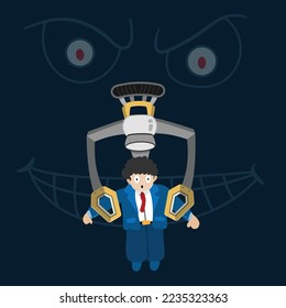 robotic claw picking up businessman. Human Claw Machine. flat design slave labor concept. Vector, illustration.