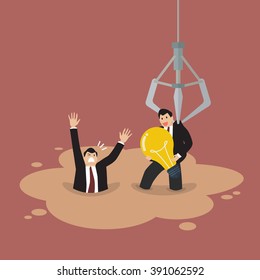 Robotic claw picking a businessman who has an idea from a quicksand. Business concept