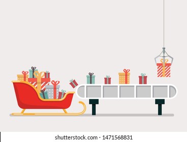 Robotic claw put a gift box on the engine belt. Vector illustration