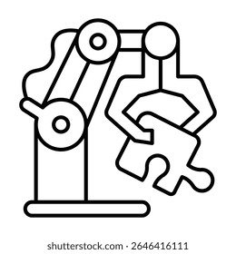 Robotic claw with puzzle piece thin line icon, neural dataset concept. Vector graphics. Logic game for training robot hand sign on white background, style mobile or design