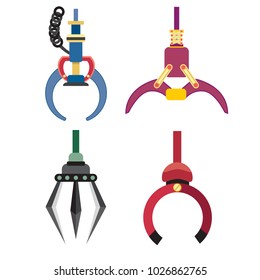 Robotic Claw set on a white background. Grip robotic claw in factory. Cartoon concept colorful Vector illustration of the claw game device.
