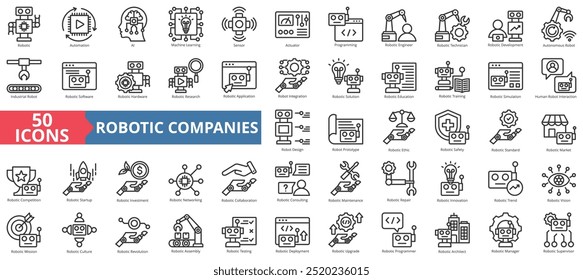 Conjunto de coleção de ícones de empresas robóticas. Contendo automação, ai, aprendizagem de máquina, sensor, atuador, programação, ícone de engenheiro. Ilustração de vetor de linha simples.