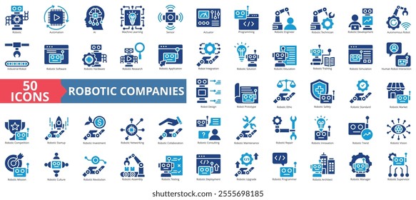 Robotic companies icon collection set. Containing automation, ai, machine learning, sensor, actuator, programming, engineer icon. Simple flat vector illustration.