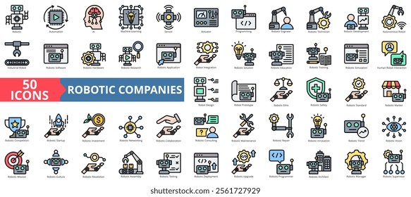 Robotic companies icon collection set. Containing automation, ai, machine learning, sensor, actuator, programming, engineer icon. Simple flat outline vector illustration