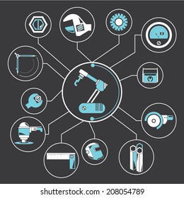 robotic concept, mechanical engineering concept info graphic in black background