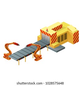 Robotic conveyor belt isolated on white background. Vector cartoon close-up illustration.
