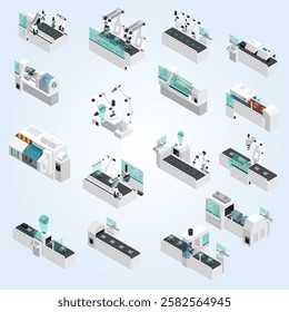 Robotic Conveyor Isometric Automatic factory with conveyor line and robotic arms. Assembly process mechanical arms