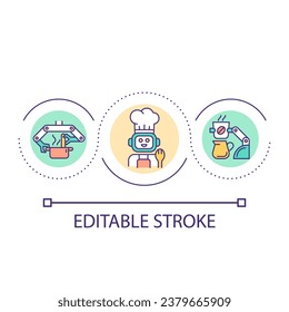 Icono de concepto de bucle de máquina de cocina robótica. La inteligencia artificial prepara comida. Ilustración de línea delgada de idea abstracta asistente de cocina. Dibujo de contorno aislado. Trazo editable. Tipo de letra arial utilizado