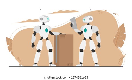 A robotic courier delivering a parcel. Shipment and delivery of goods for customers. Automated process. Vector.