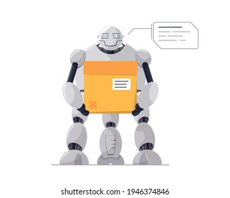 Corredor o cargador robótico con la tecnología futura de la caja de paquetes de cartón. Servicio de entrega de robots o concepto de trabajo de almacén. Ilustración aislada de vectores lógicos inteligentes de IA inteligente automatizada