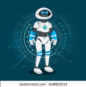 Robotic creature with artificial intellect. Humanoid similar to human body. Robot with face and hands. Futuristic mechanism, android or cyborg with abstract circles on background, vector in flat