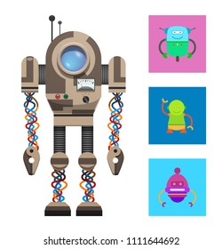 Robotic creature collection of robots, bot with illuminator, small antenna, button panel and lights vector illustration isolated on white background.