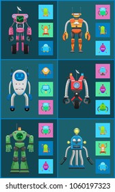 Robotic creatures collection of machines supplied with radars, antennas and screens, robotic creatures set vector illustration isolated on blue background