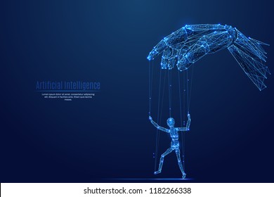 Robotic cyborg hand manipulating human puppet on dark background. Robot. Artificial Intelligence. In the form of a starry sky or space. Vector image in RGB Color mode. Future concept.