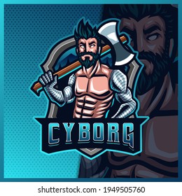 Robotic Cyborg Lumberjack mascot esport logo design illustrations vector template, Angry Lumberjack with Axe logo for team game streamer youtuber banner twitch discord