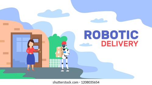 robotic delivery banner design.robot courier with parcel come to woman home