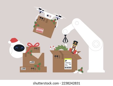 A robotic delivery of Christmas gifts packed in cardboard boxes and decorated with red ribbons and mistletoe plants