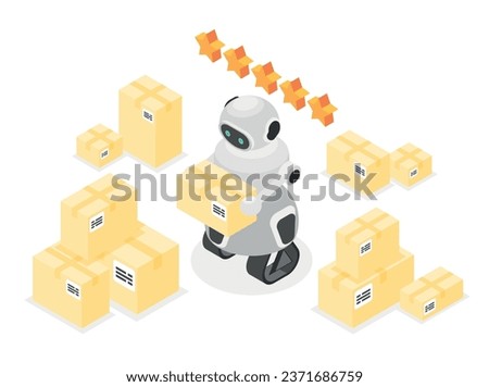 Robotic delivery isometric concept with robot courier carrying ordered goods packaging in cardboard box vector illustration