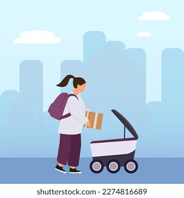 Robotic delivery. A woman loads a parcel for delivery by a robot.
Concept pickup fast delivery of goods in the city. Technological innovations. Vector illustration. Isolated. Flat style.