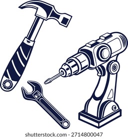 Diseño robótico de herramientas de construcción Diseño de Vector de estilo de silueta en blanco Volver
