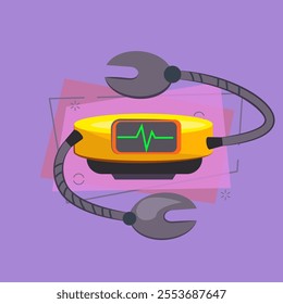 Robotic device cartoon illustration. Gadget with arms and diagram on monitor. Robotics concept. Vector illustration can be used for topics like robotic science, engineering, automation