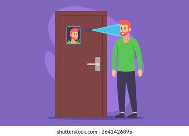 Robotic device communicating with person standing at door. Automated technology, seamless interaction concept
