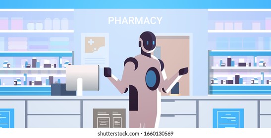 Robotic Doctor Pharmacist Standing At Pharmacy Counter Modern Drugstore Interior Artificial Intelligence Technology Medicine Healthcare Concept Horizontal Portrait Vector Illustration