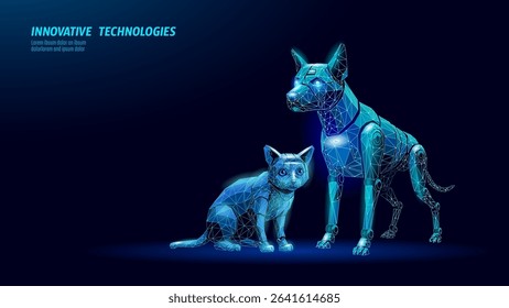 Robotic dog cat low poly design. Geometric pet animals polygonal illustration. Technology artificial intelligence future veterinary. Dark blue gradient vector background