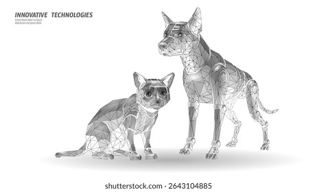 Robotic dog cat low poly design. Polygonal pets futuristic animal cybernetic illustration. Artificial intelligence robotics science engineering veterinary uses. Wireframe style vector white background
