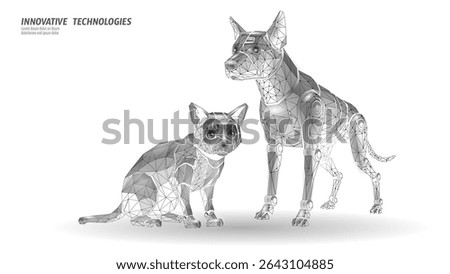 Robotic dog cat low poly design. Polygonal pets futuristic animal cybernetic illustration. Artificial intelligence robotics science engineering veterinary uses. Wireframe style vector white background