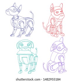 Robotic dog in some poses. Hand drawn vector line illustrations