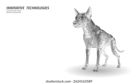 Robotic dog stands futuristic. Glowing blue lights shine bright. Technology pet security AI robotics concept. Low poly art geometric design white background