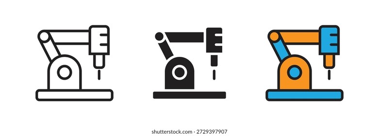 Icono de brazo de taladro robótico. Un icono de un brazo de taladro robótico de precisión para la fabricación industrial, maquinaria pesada y procesos de ingeniería automatizados en un entorno de fábrica inteligente moderno.
