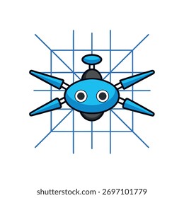 vetor de drone robótico pairando sobre a emissão da grade de dados 