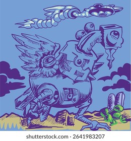 Robotic eagle bird standing on the ground, with soft blue sky background and worm creature over him. cartoon vector illustration hand draw