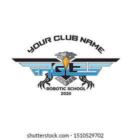 Robotic eagle mascot for school or college on white background